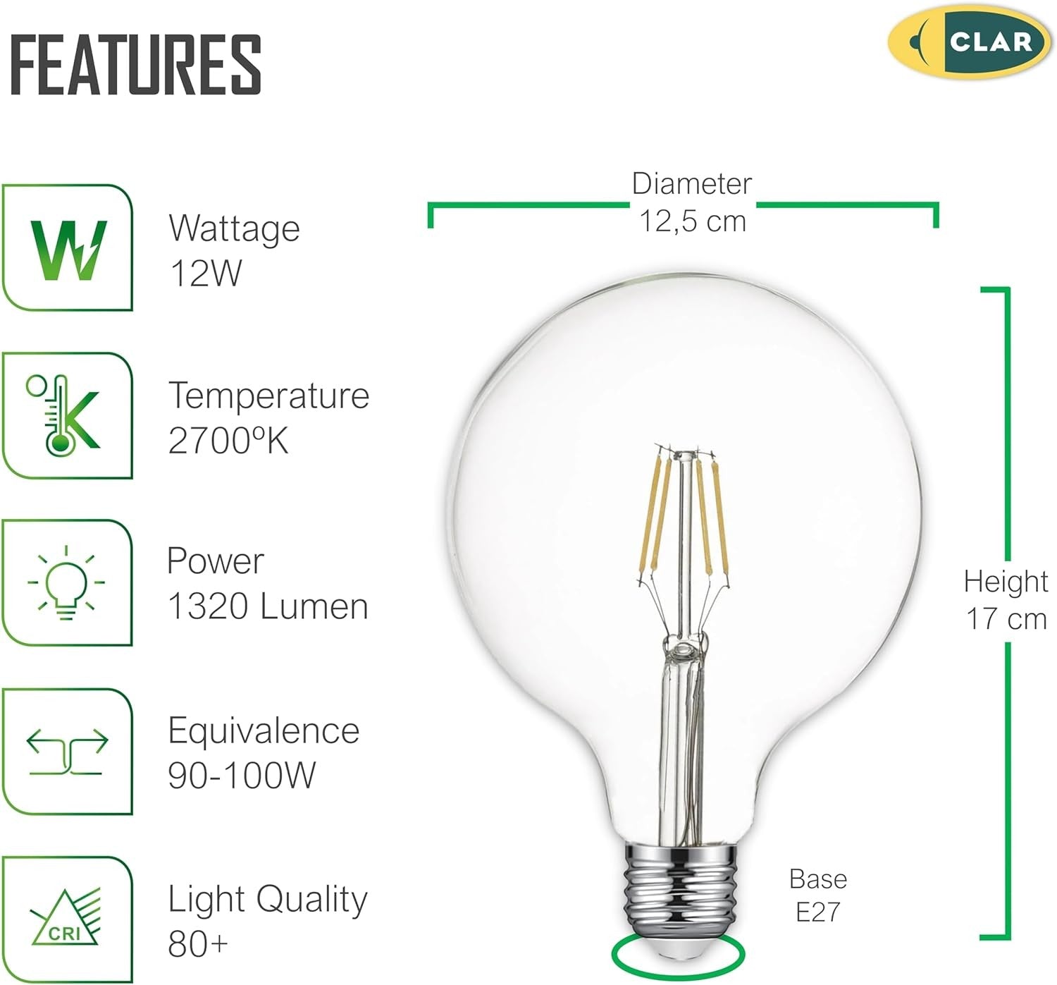 Bombilla LED Filamento E27 12W G125