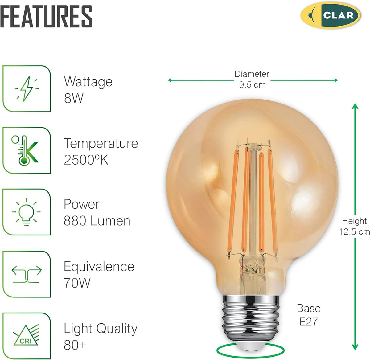 Bombilla LED Filamento E27 Ambar 8W G95