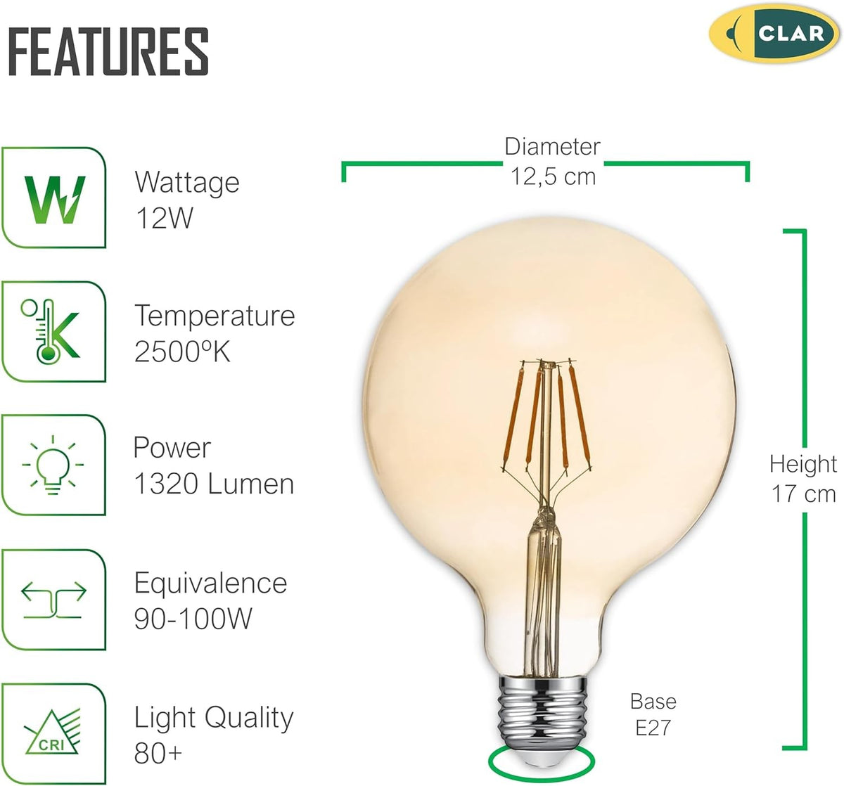 LED Filamentlampe E27 Amber 12W G125