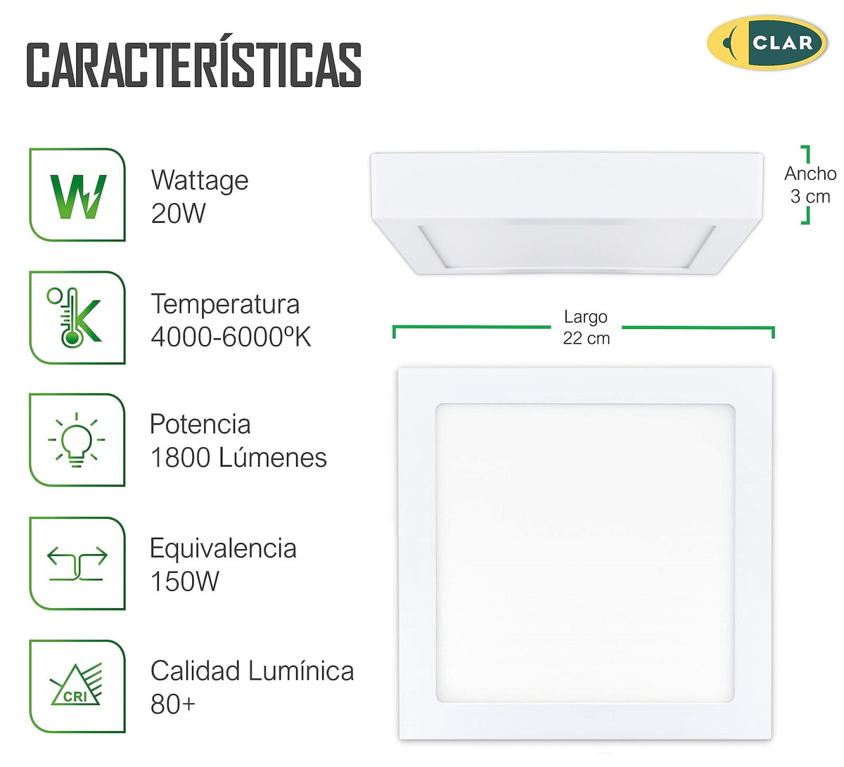 Downlight LED Superficie Cuadrado 20W