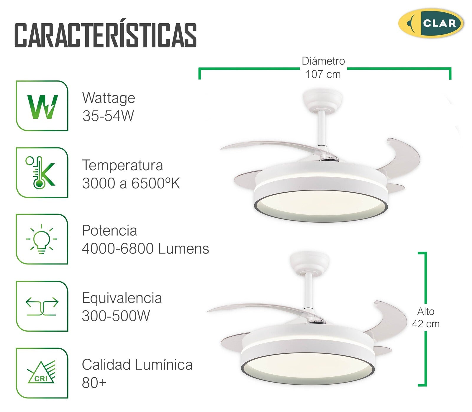 Ventilador Techo Aspas Retráctiles ESKAY BLANCO