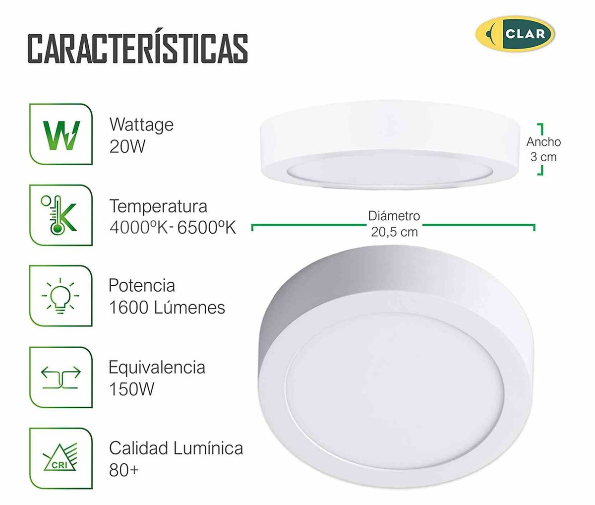 Plafón LED Redondo 20W 1600lm, Downlight LED Superficie