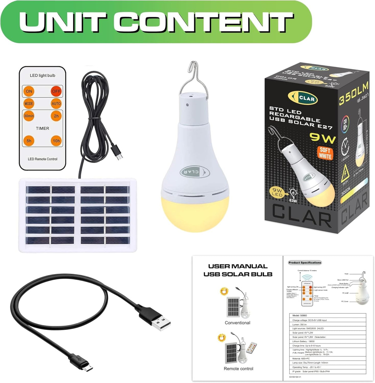 Lampadina Ricaricabile por USB y con Pannello Solare 9W