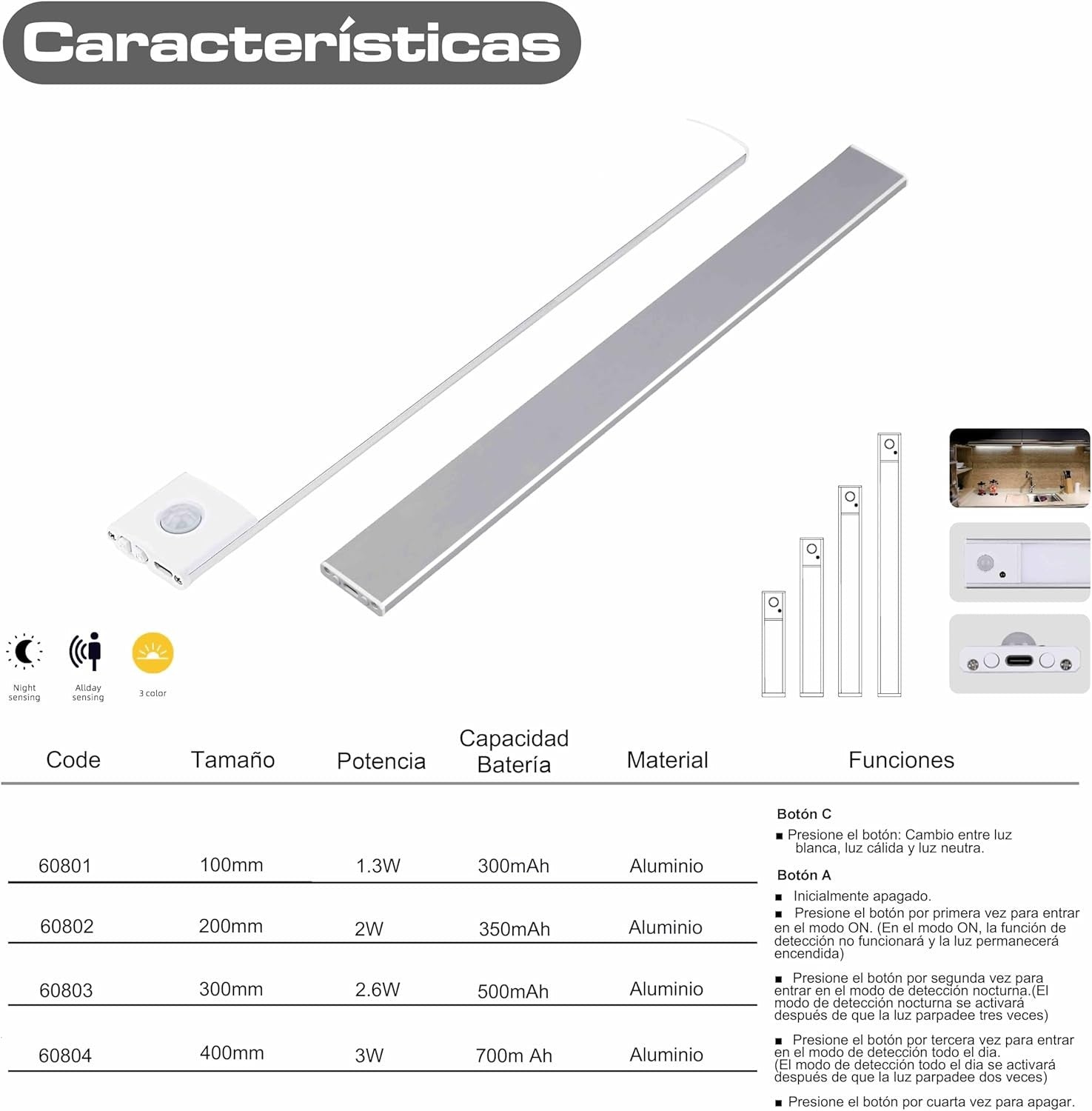 Luces Para Armarios Interiores, Luz LED Magnética Con Sensor De Movimiento,30 Cm