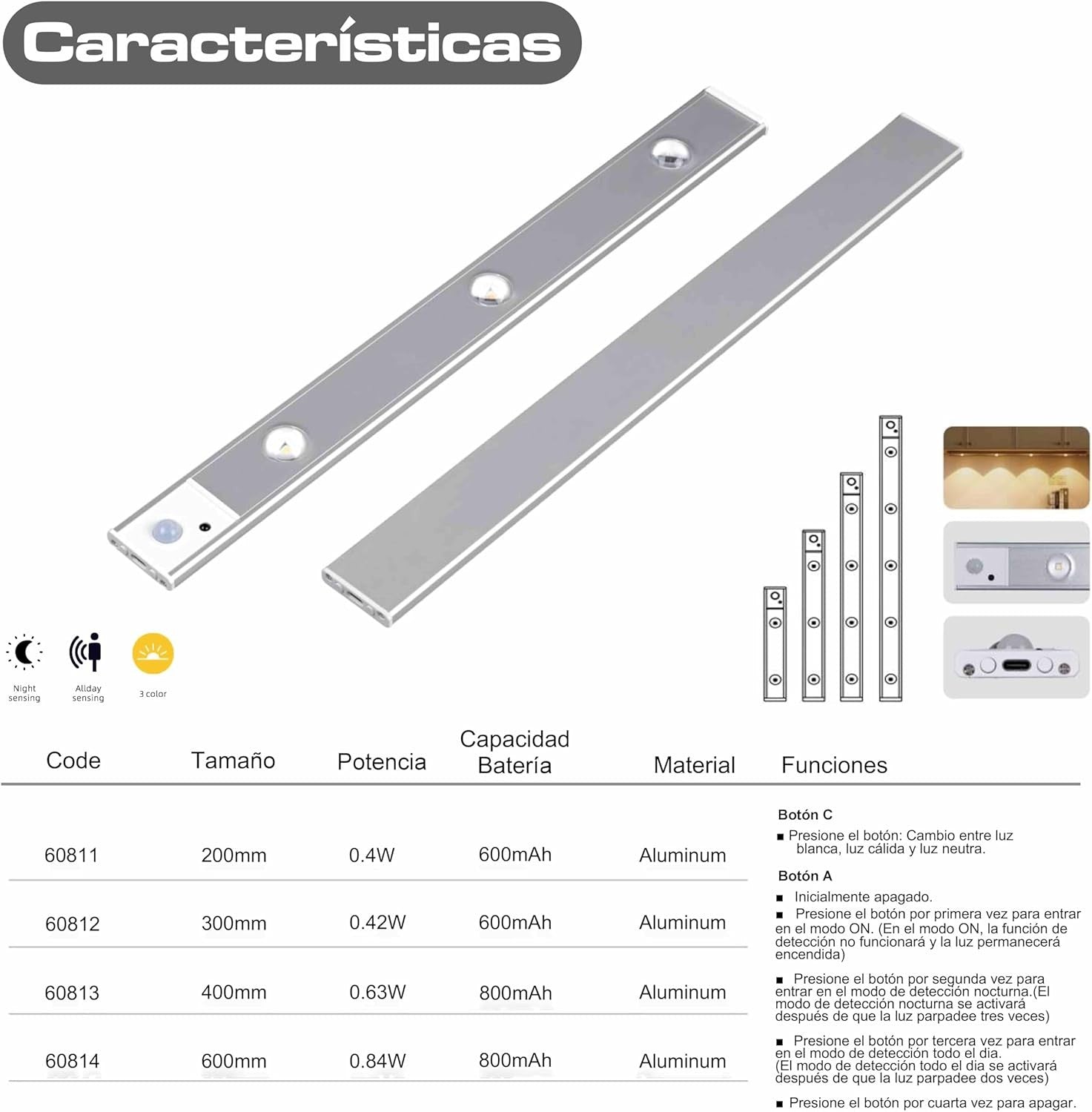 Luci Per Armadi Interiores, Luce LED Magnética Con Sensore De Movimento,20 Cm