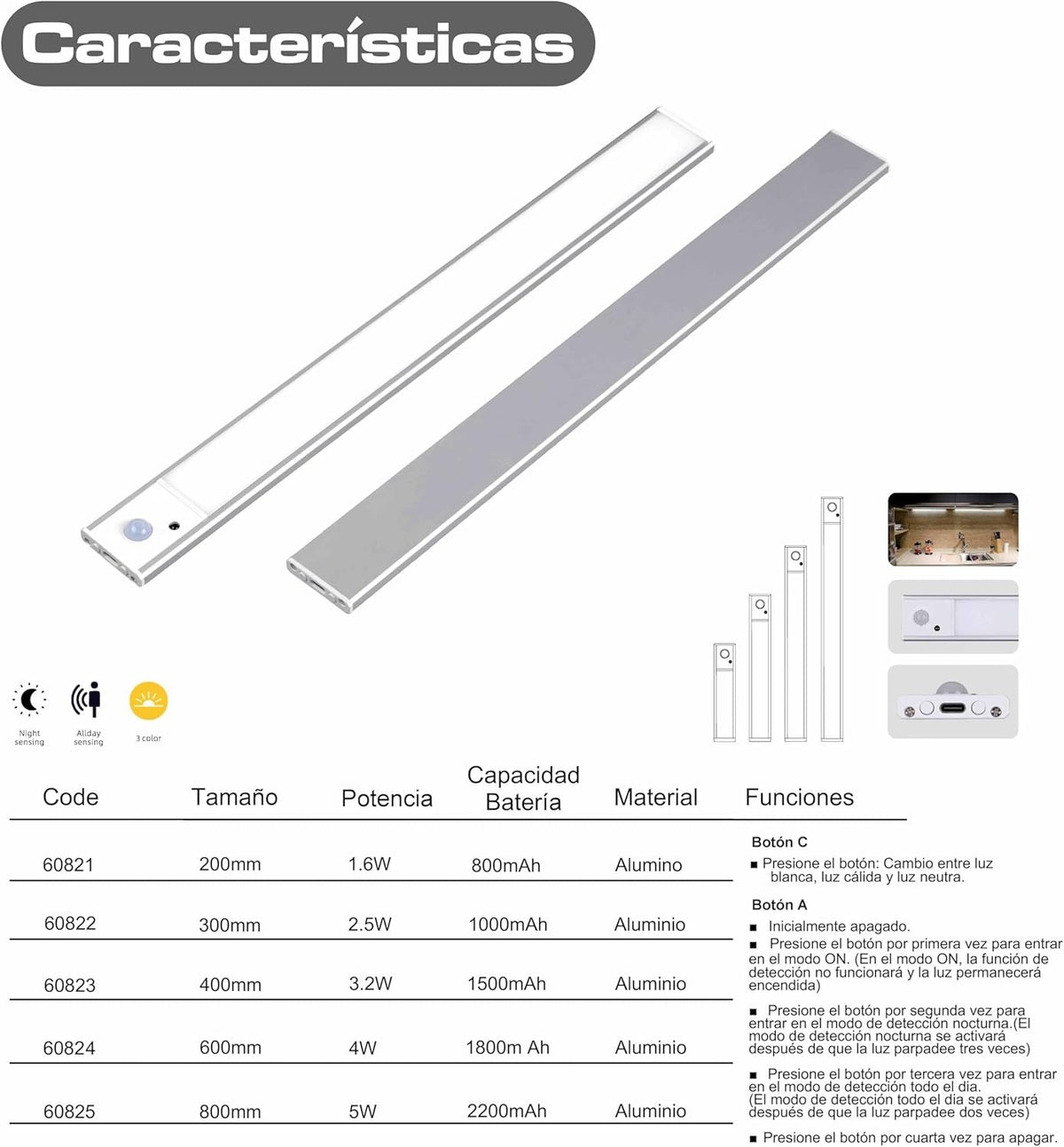 Luces Para Armarios Interiores, Luz LED Magnética Con Sensor De Movimiento,60 Cm