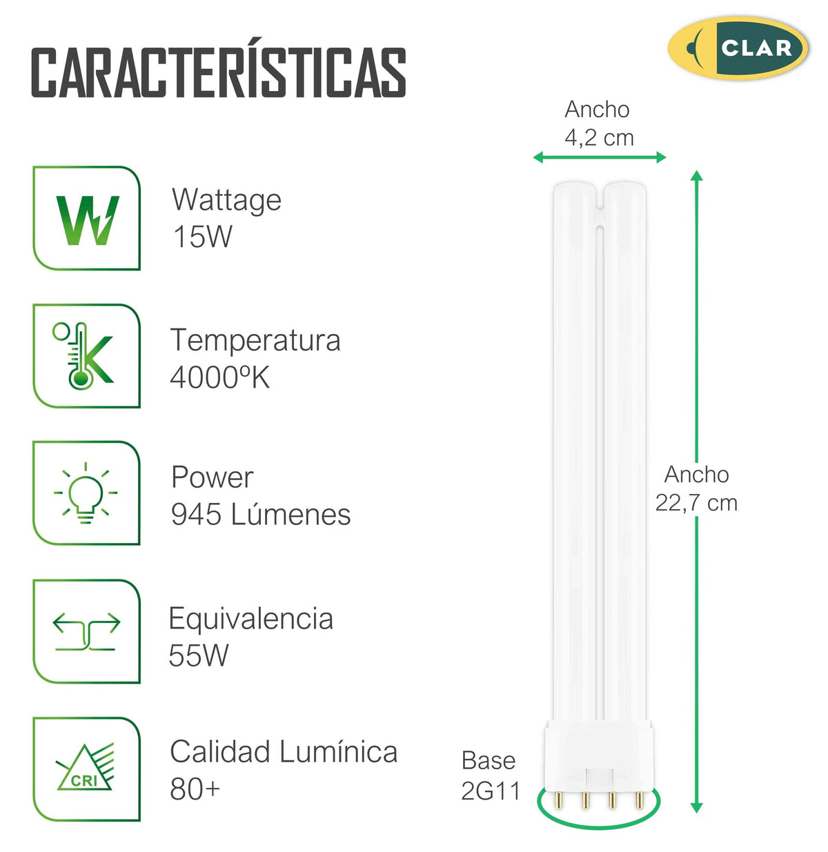 CLAR - Lampadina Fluorescente Gemini L 18W 4000K 2G11 Luce Bianca Neutra
