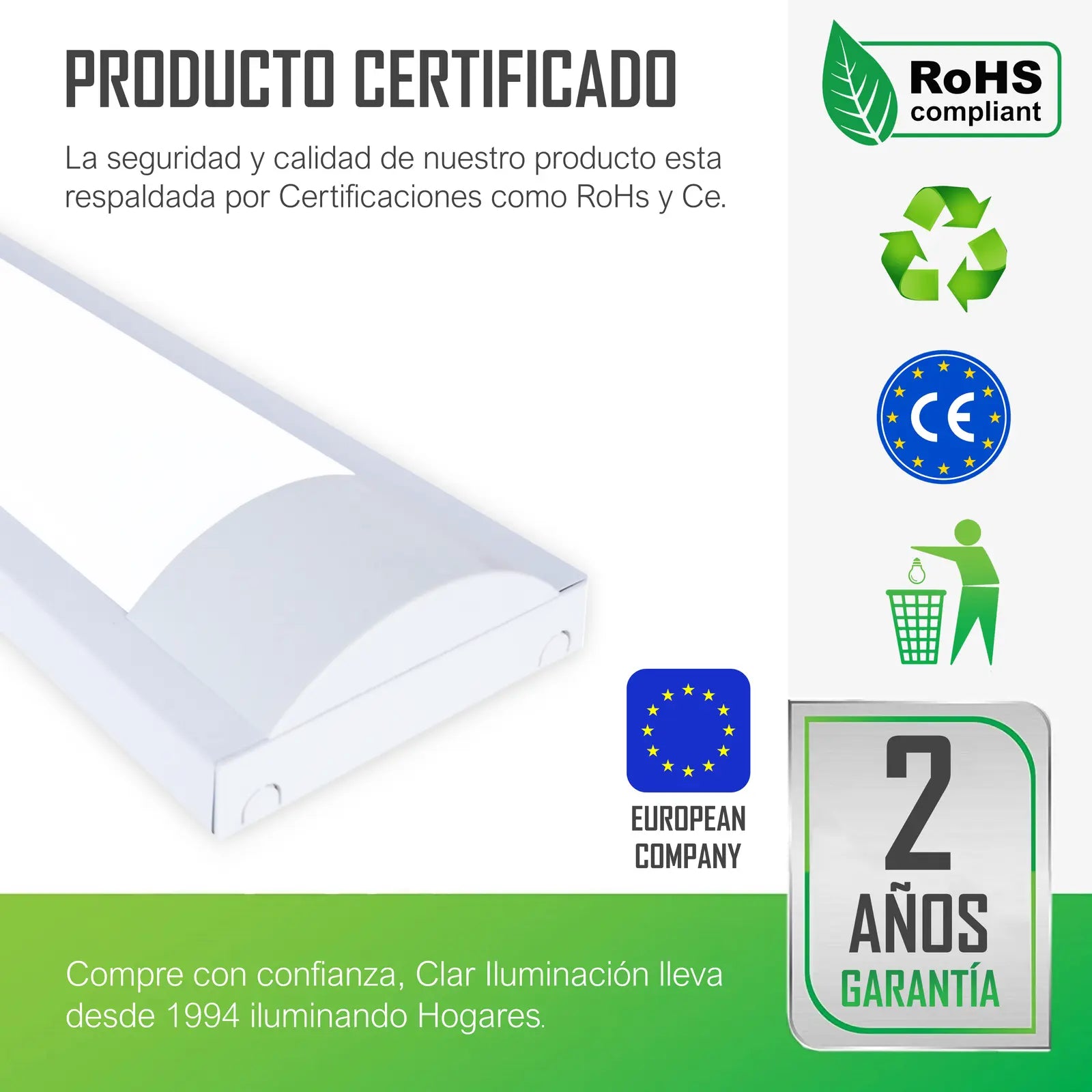 CLAR - Luminaria LED 60cm, 10W 2 Tubos, Pantalla Estanca, Tubos No Incluidos