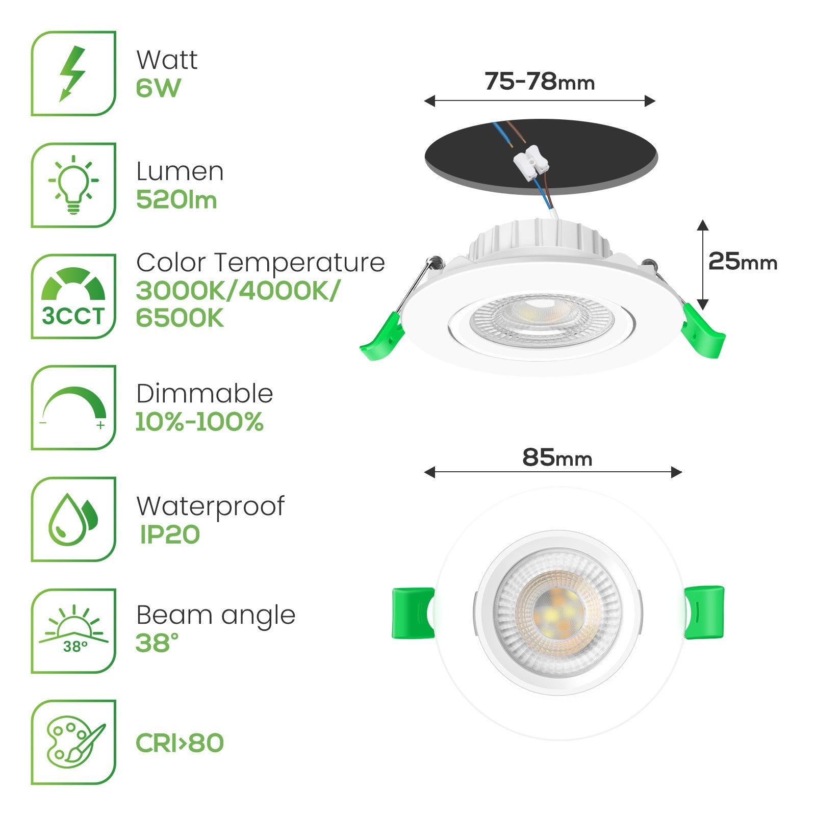 Aro Downlight Dirigible Regulable CCT Blanco 6W Ø75-78mm 38º