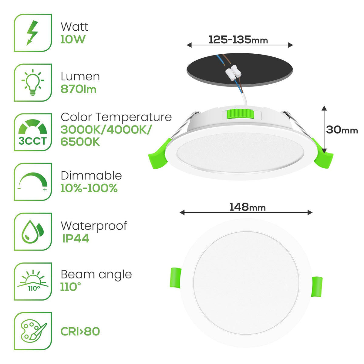Downlight Regulable CCT Blanco 10W Corte 125-135mm 110°