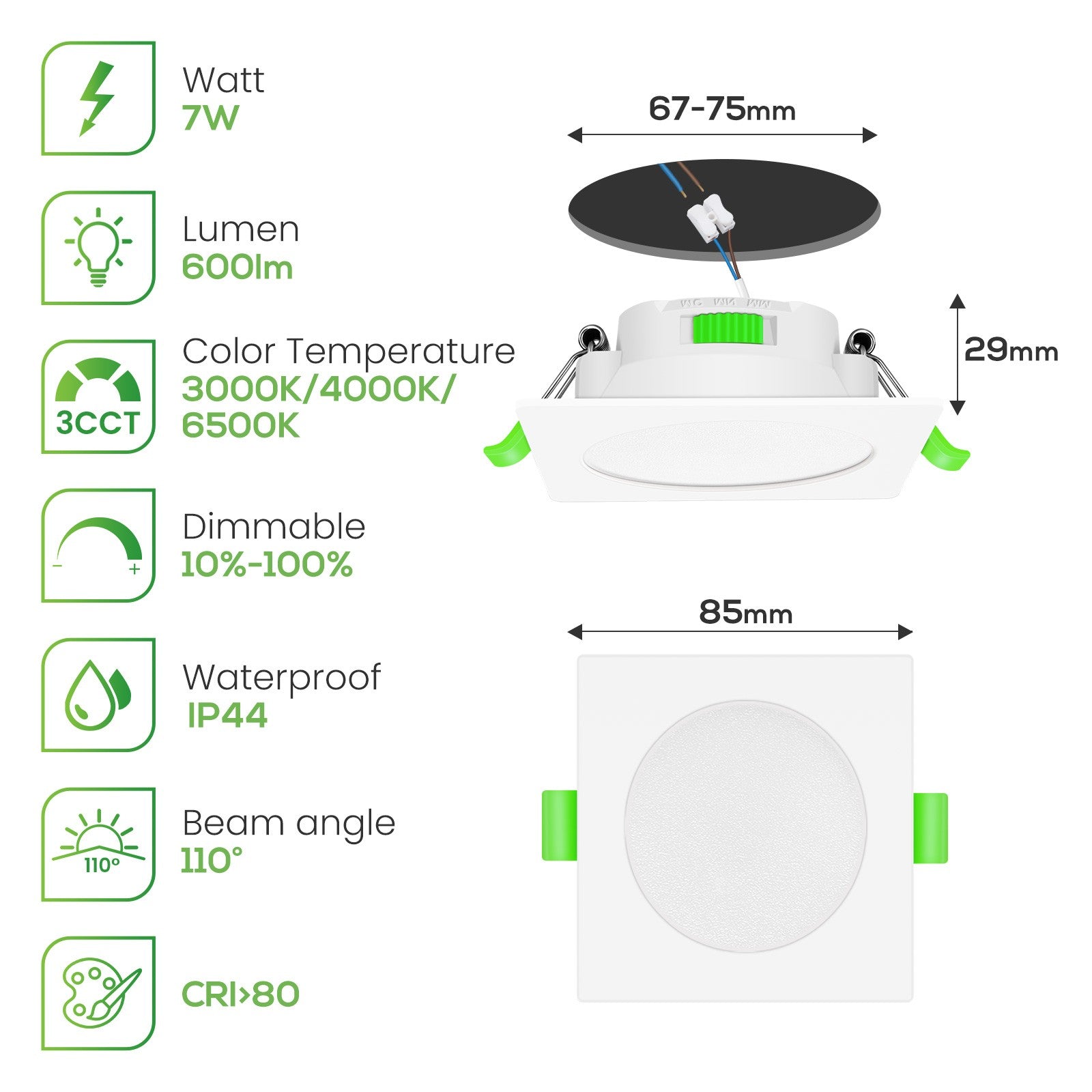 Downlight Cuadrado Regulable CCT Blanco 7W Corte Ø66-75mm 110º
