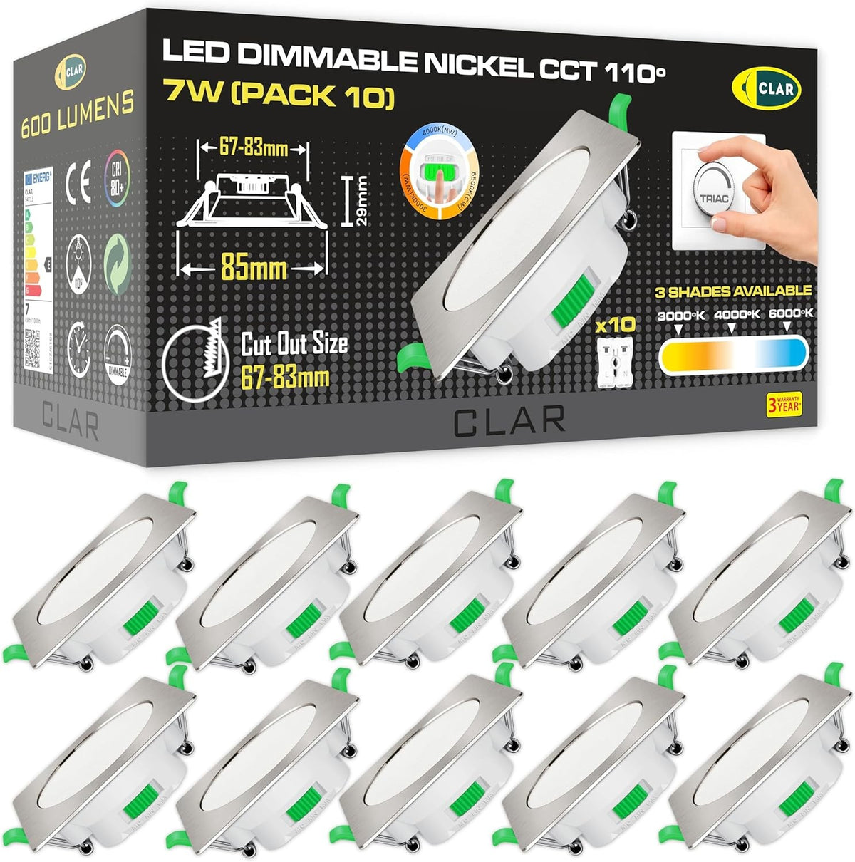 Downlight Cuadrado Regulable CCT Níquel 7W Corte Ø66-75mm 110º