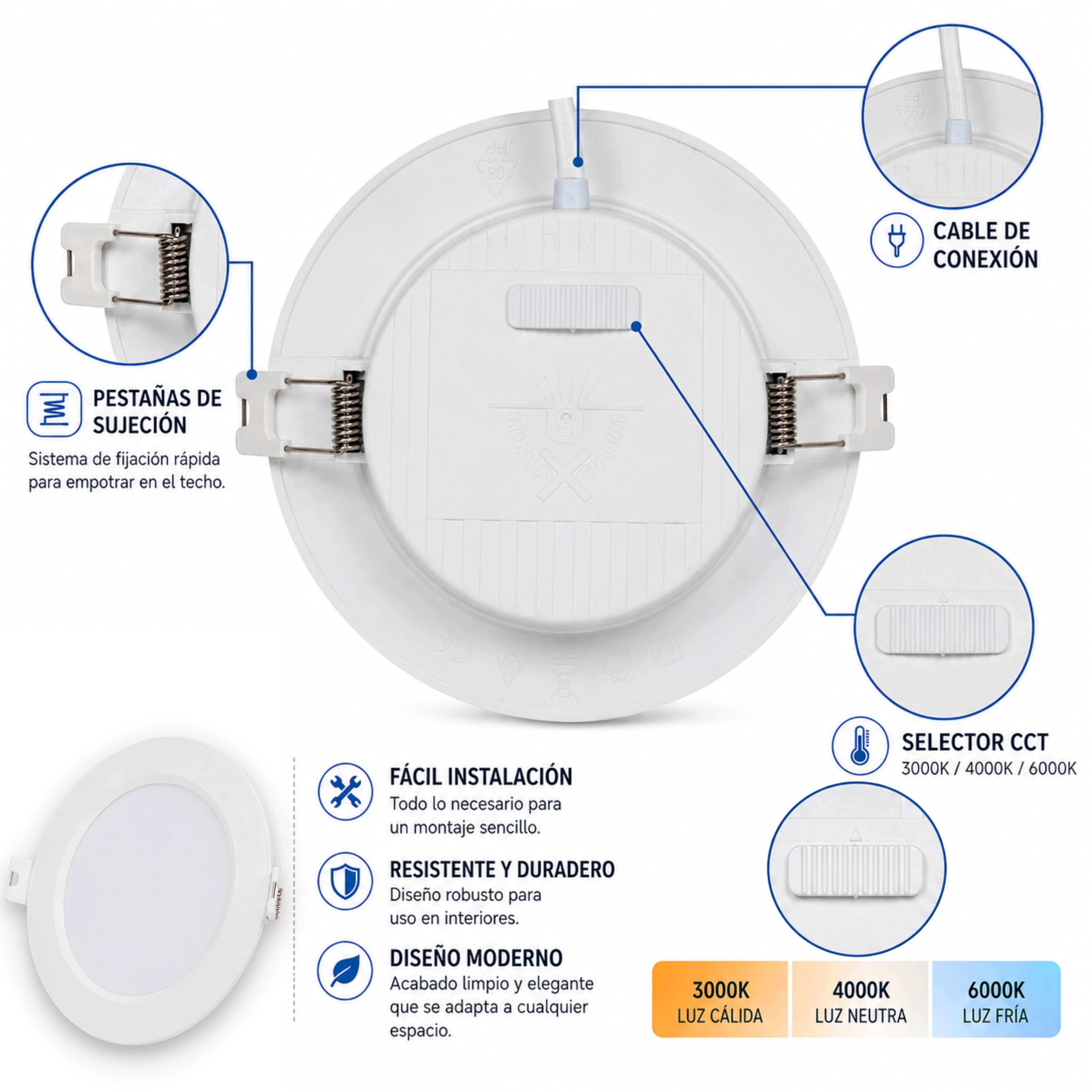 Downlight LED Decke Einbau 6W, Strahler Innen, Treiber Inklusive,  CCT
