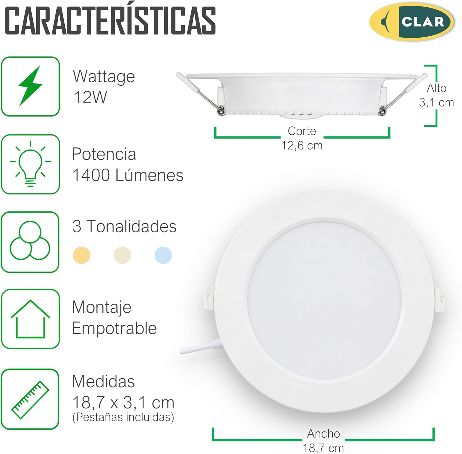 Downlight LED Soffitto Da incasso 12W, Faretto Interno, Driver Incluso, 3 Tonalità CCT