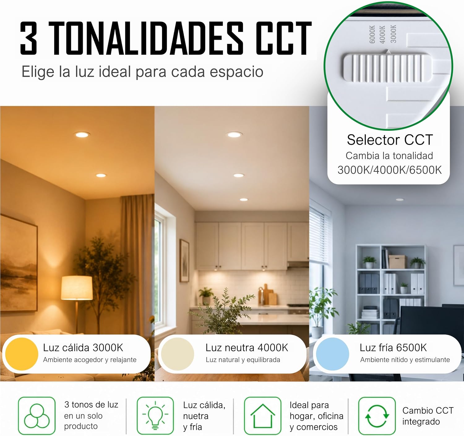 Downlight LED Soffitto Da incasso 12W, Faretto Interno, Driver Incluso, 3 Tonalità CCT