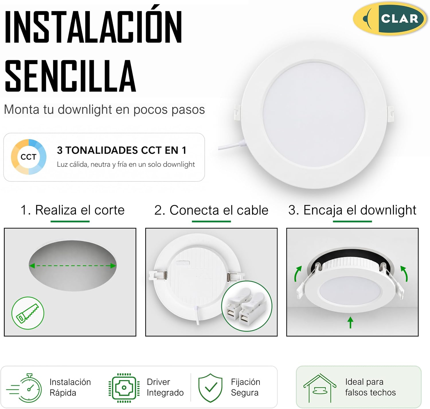 Downlight LED Soffitto Da incasso 12W, Faretto Interno, Driver Incluso, 3 Tonalità CCT