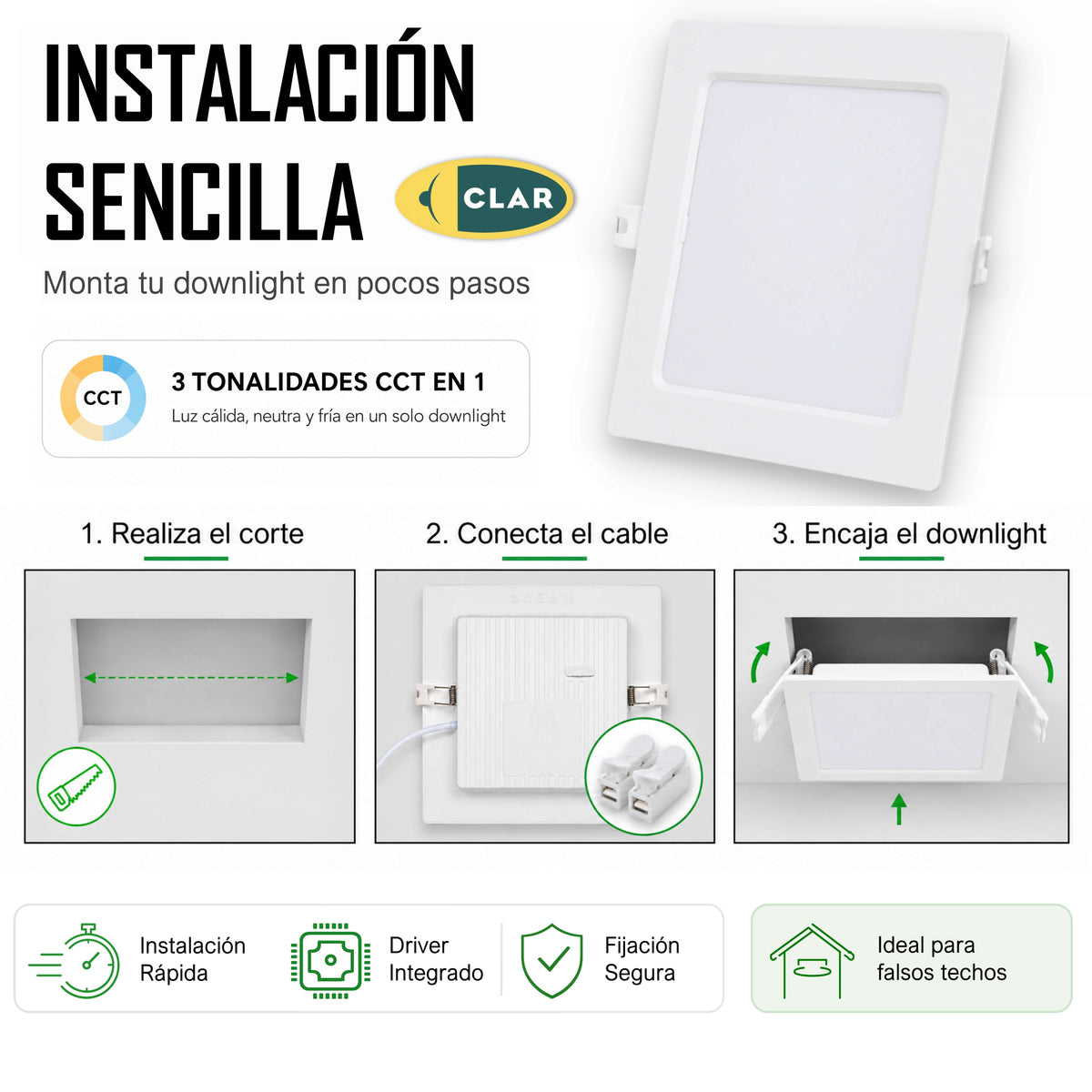 Downlight LED Soffitto Quadrato 12W, Downlight Quadrato Iluminación Da incasso de Interno, 3 Tonalità CCT