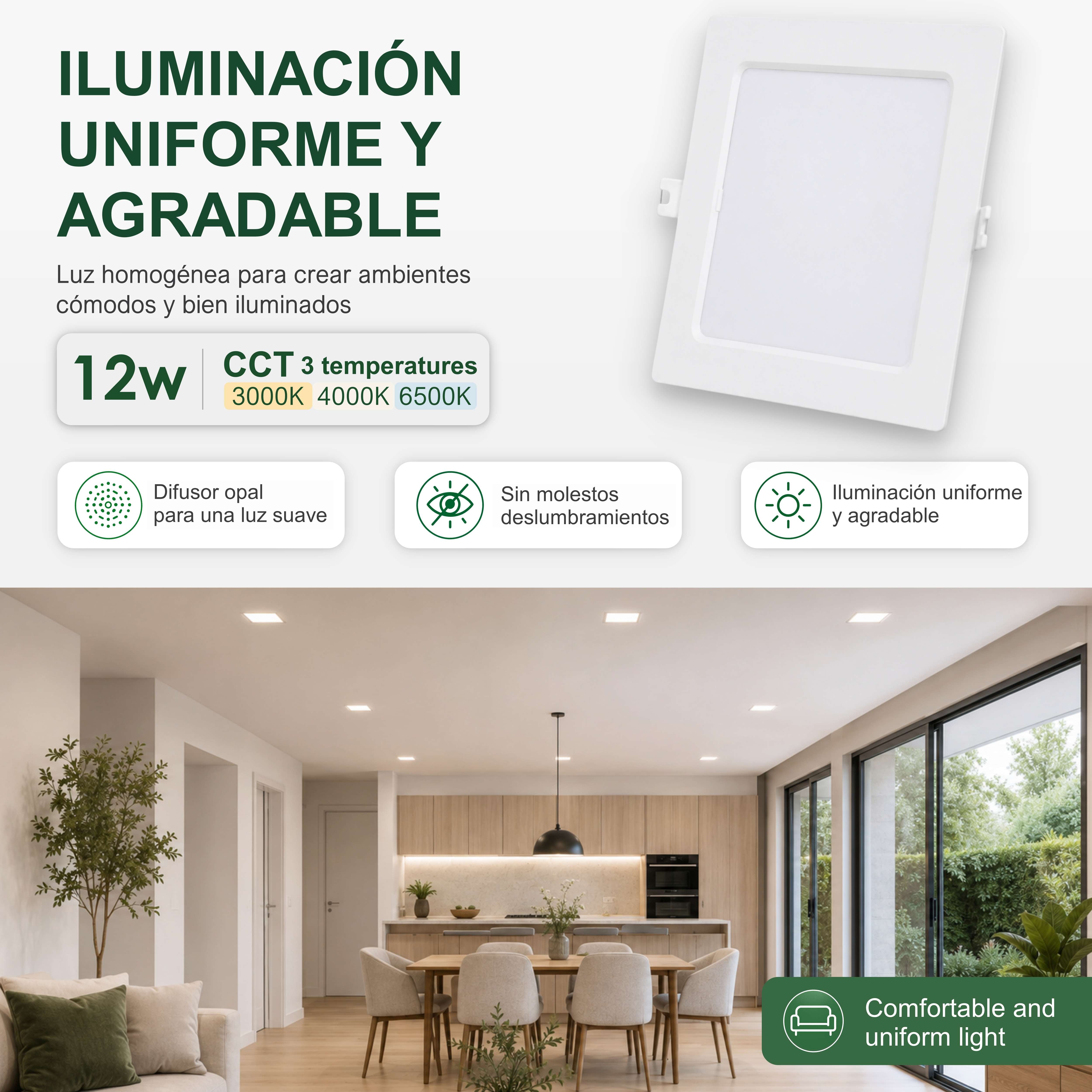 Downlight LED Soffitto Quadrato 12W, Downlight Quadrato Iluminación Da incasso de Interno, 3 Tonalità CCT