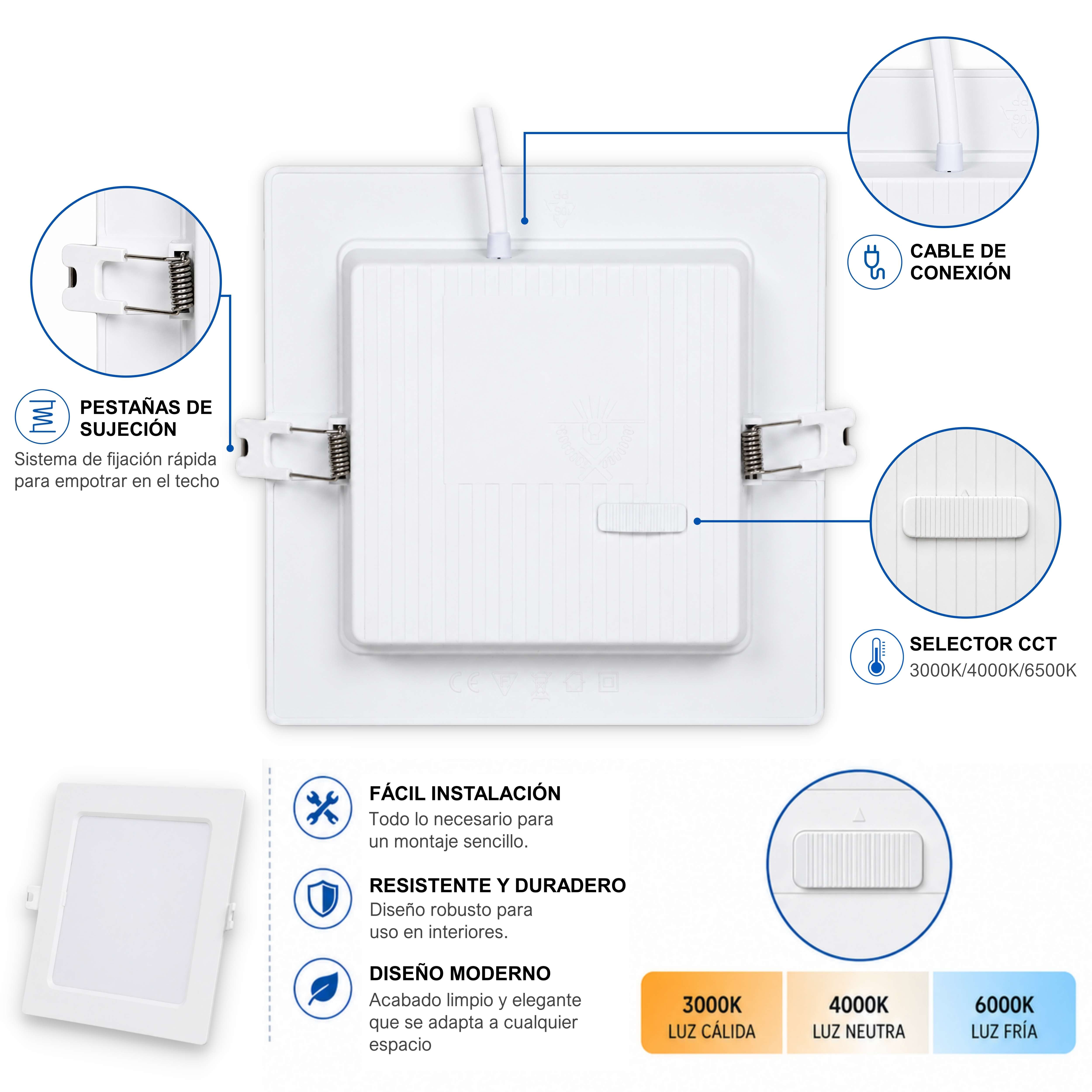 Downlight LED Soffitto Quadrato 12W, Downlight Quadrato Iluminación Da incasso de Interno, 3 Tonalità CCT