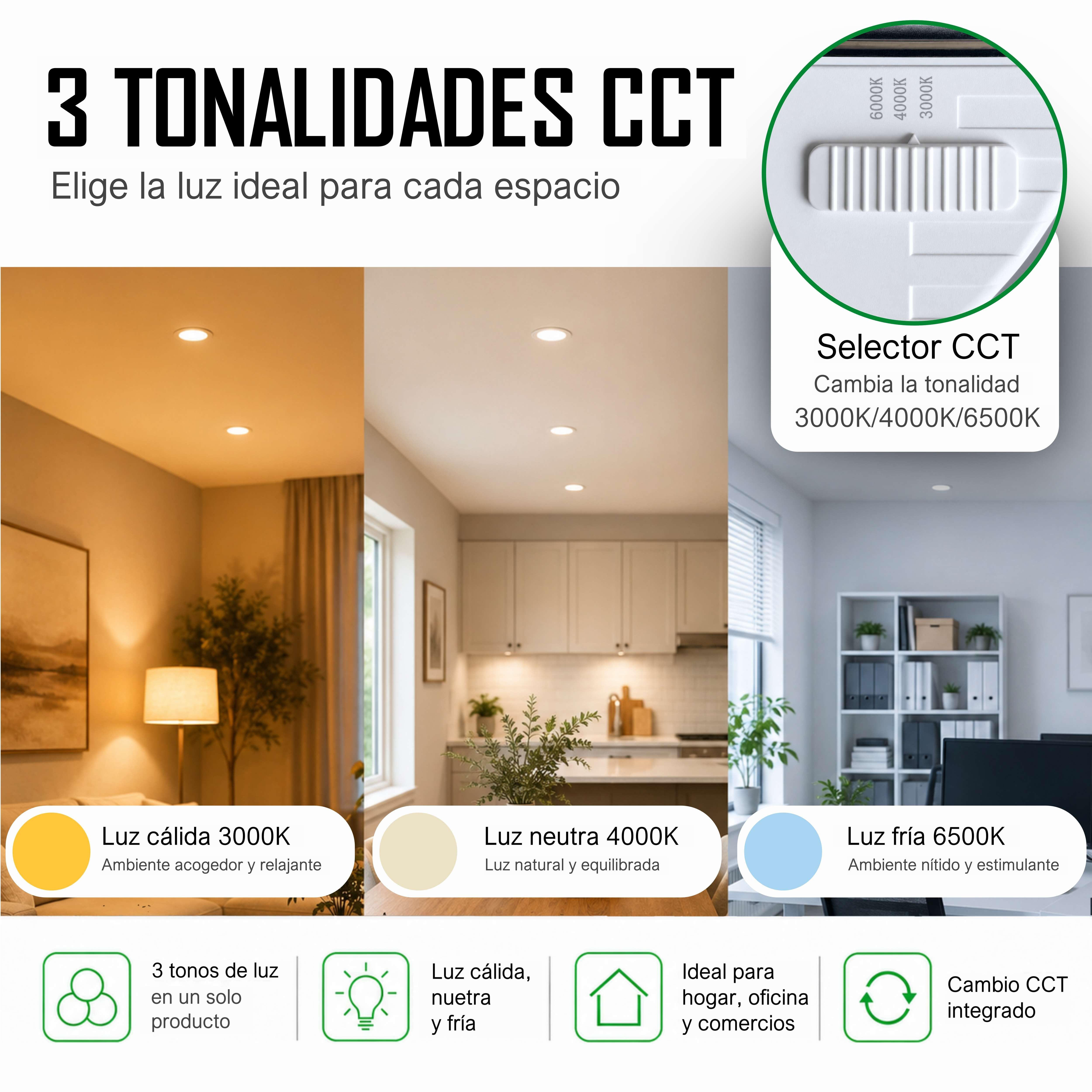 Downlight LED Techo Cuadrado 20W, Downlight Cuadrado, Iluminación Empotrable de Interior, 3 Tonalidades CCT