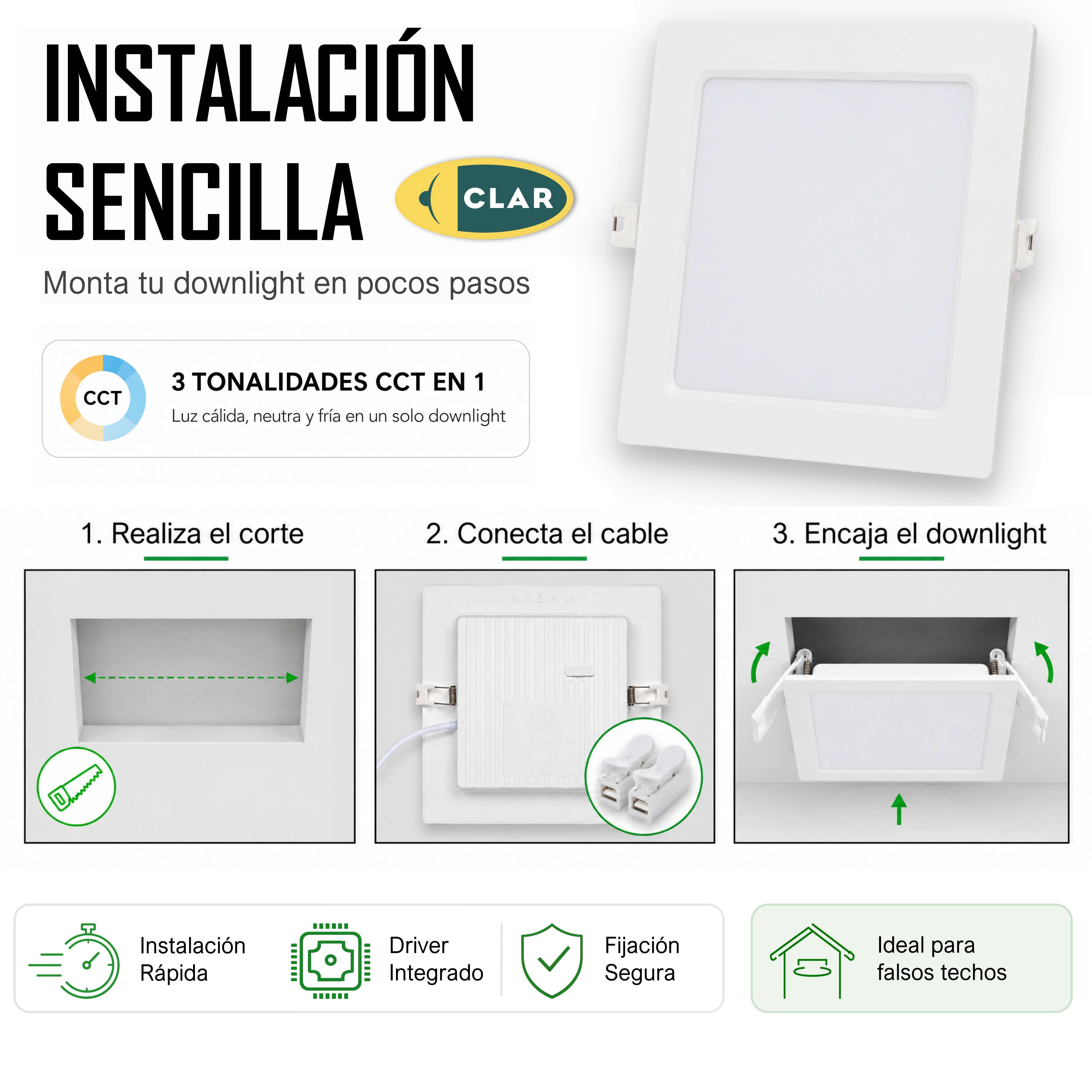 Downlight LED Techo Cuadrado 20W, Downlight Cuadrado, Iluminación Empotrable de Interior, 3 Tonalidades CCT