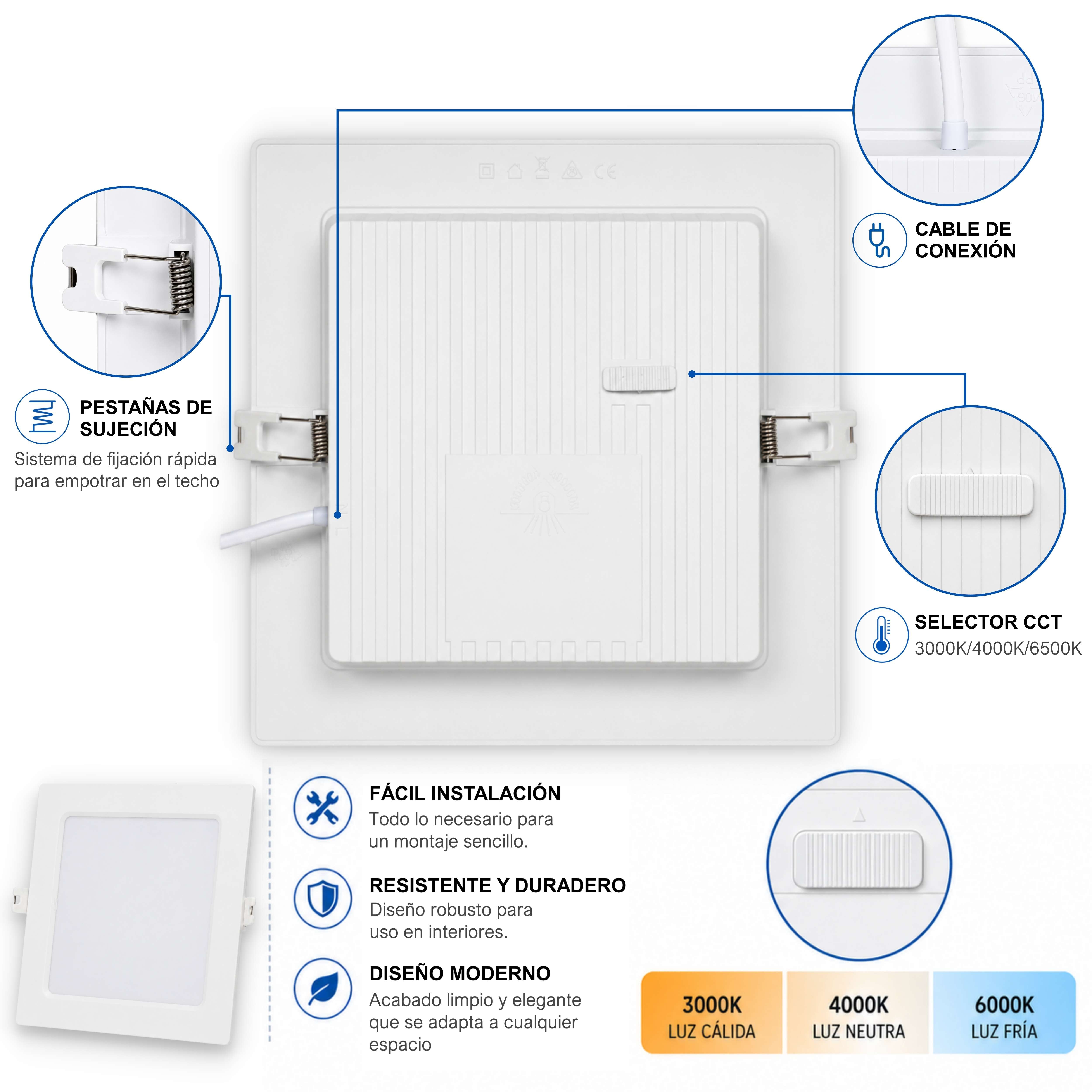 Downlight LED Techo Cuadrado 20W, Downlight Cuadrado, Iluminación Empotrable de Interior, 3 Tonalidades CCT