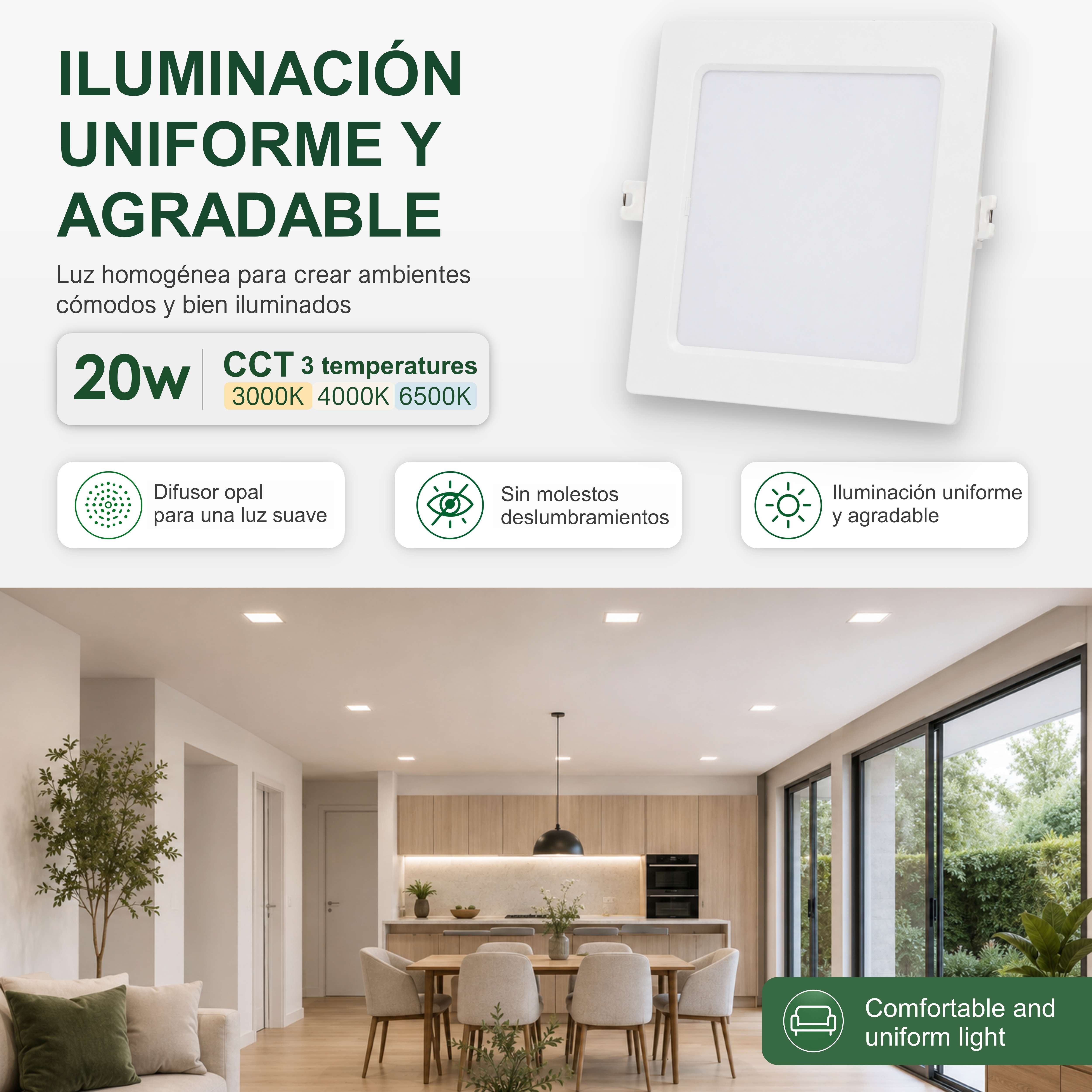 Downlight LED Techo Cuadrado 20W, Downlight Cuadrado, Iluminación Empotrable de Interior, 3 Tonalidades CCT