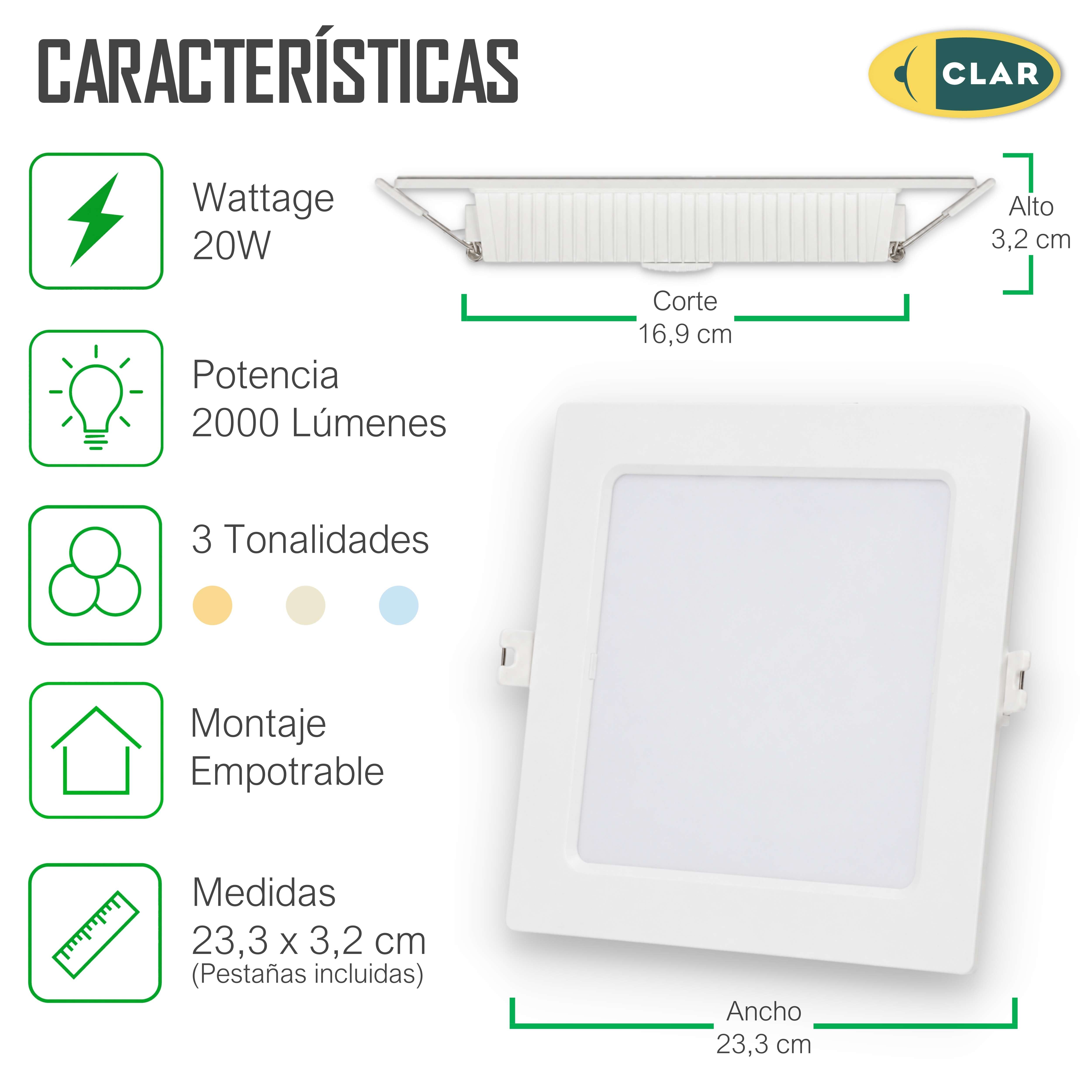Downlight LED Techo Cuadrado 20W, Downlight Cuadrado, Iluminación Empotrable de Interior, 3 Tonalidades CCT