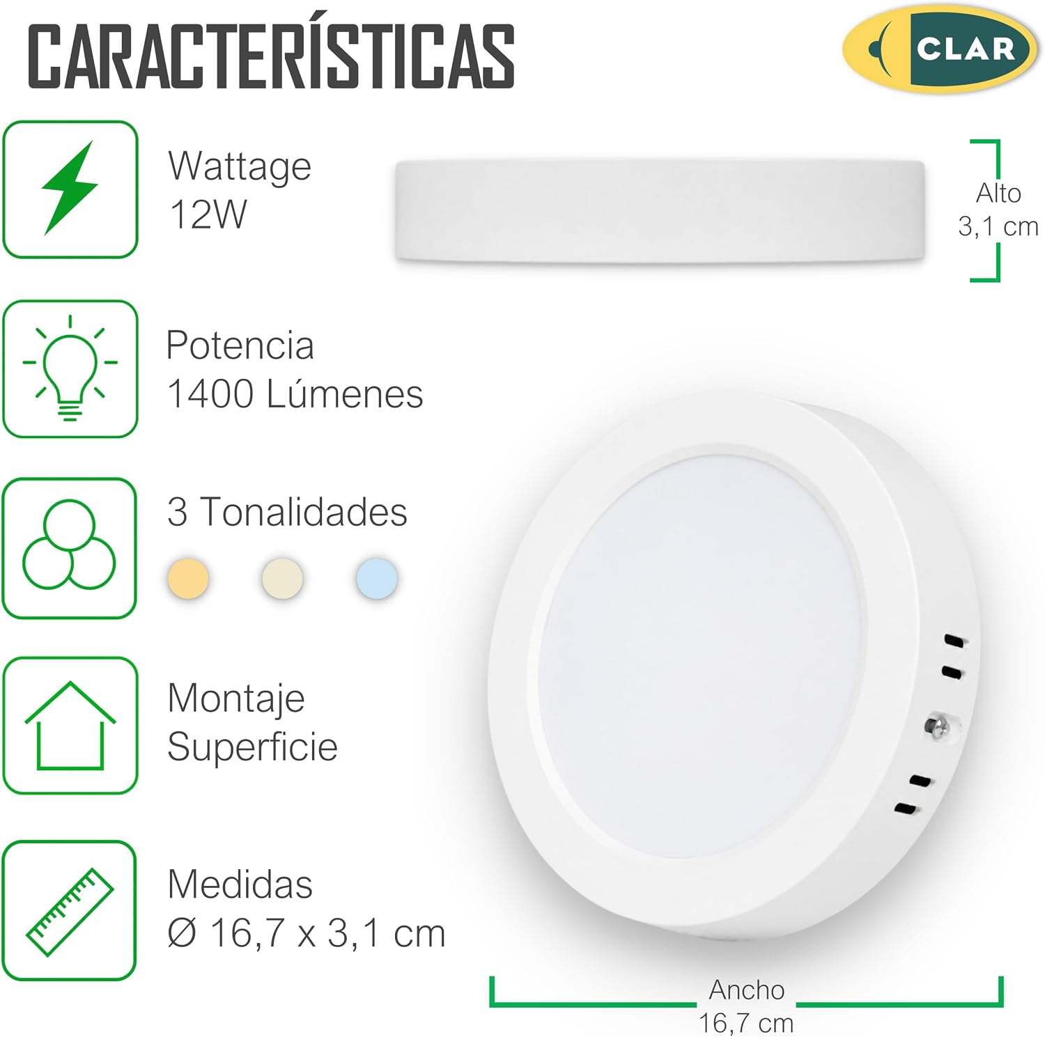 Downlight LED Techo Superficie 12W Downlight Superficie, Plafón LED, 3 Tonalidades CCT
