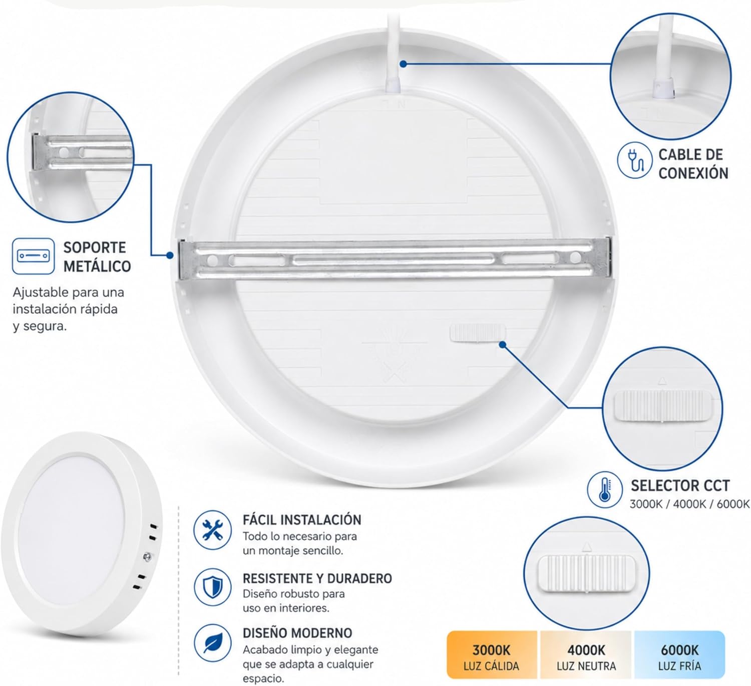 Downlight LED Techo Superficie 12W Downlight Superficie, Plafón LED, 3 Tonalidades CCT