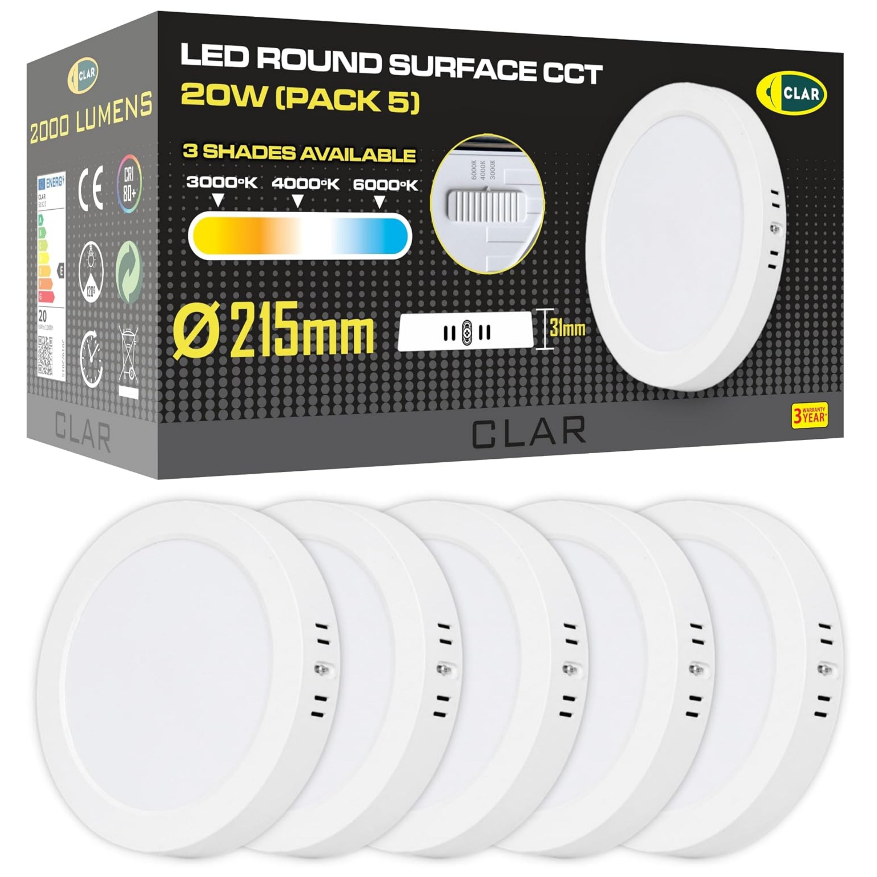 Downlight LED Soffitto Superficie 20W Downlight Superficie, Plafoniera LED, 3 Tonalità