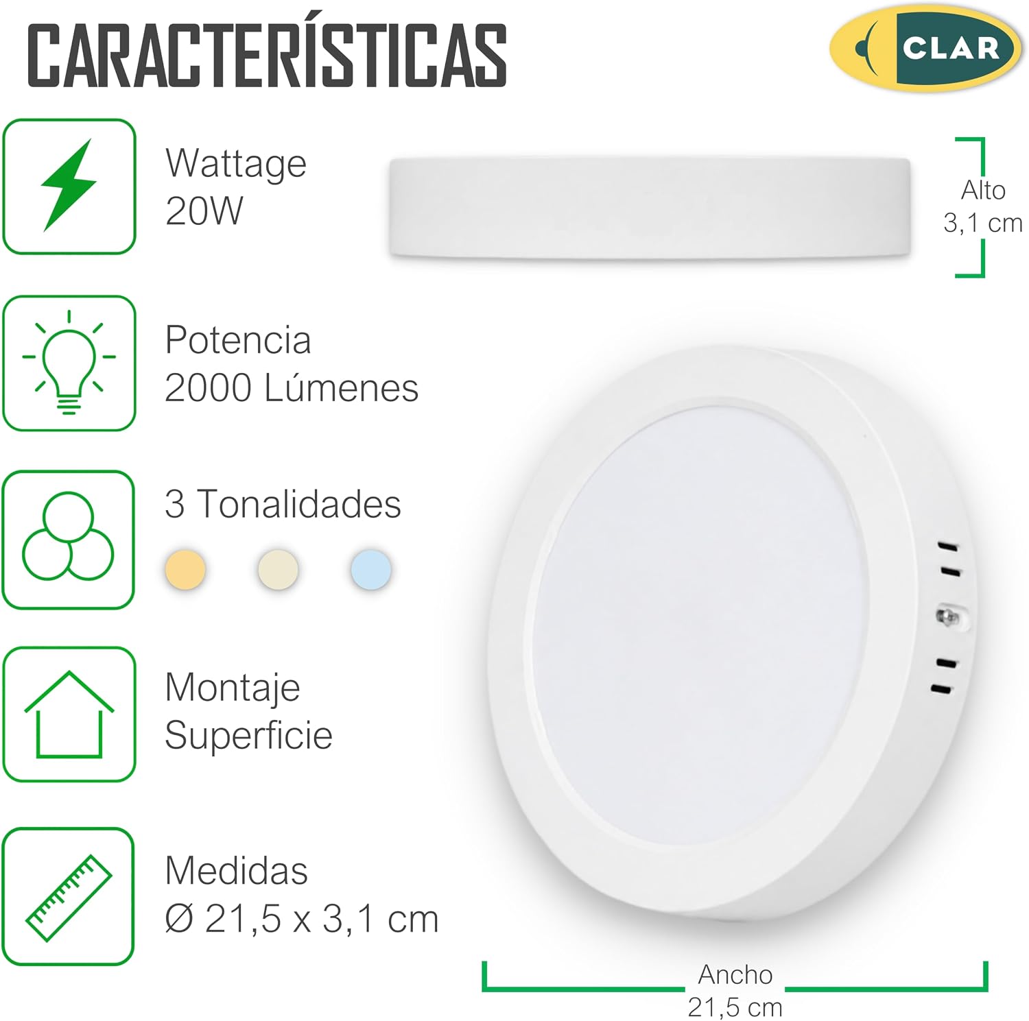 Downlight LED Soffitto Superficie 20W Downlight Superficie, Plafoniera LED, 3 Tonalità