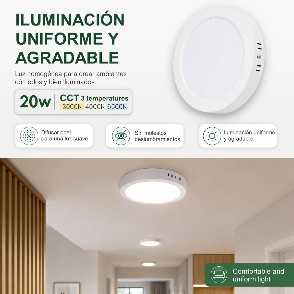 Downlight LED Soffitto Superficie 20W Downlight Superficie, Plafoniera LED, 3 Tonalità