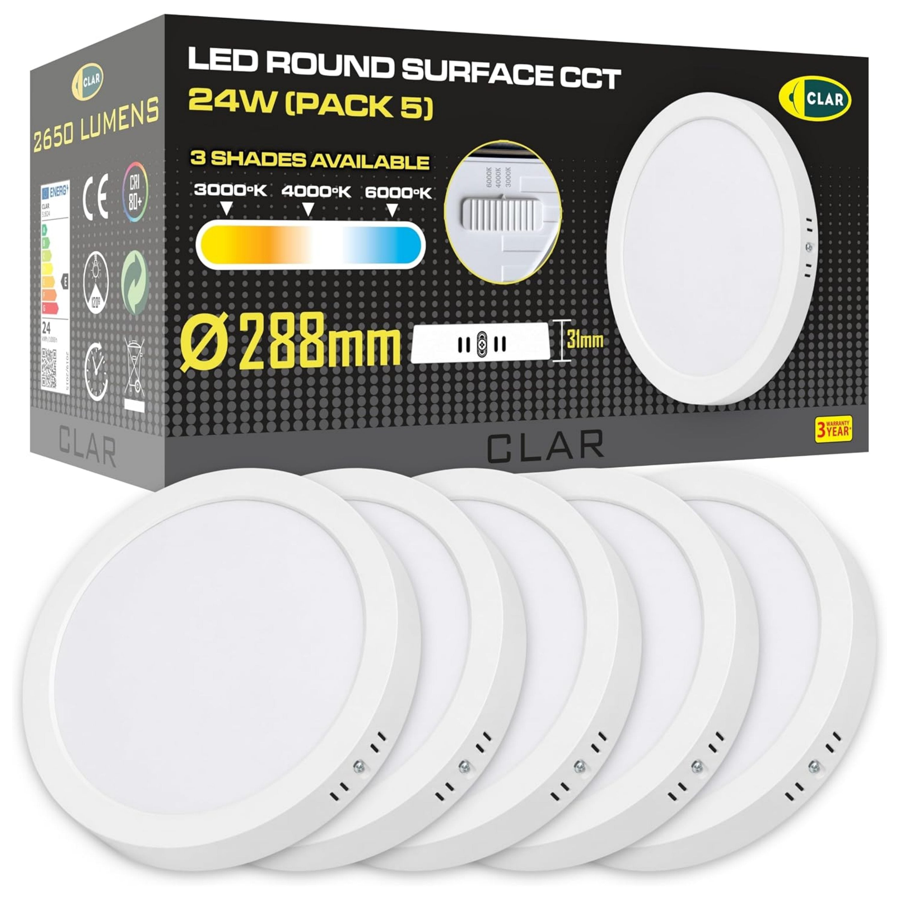 Downlight LED Soffitto Superficie 24W, Downlight Superficie, Plafoniera LED, 3 Tonalità CCT