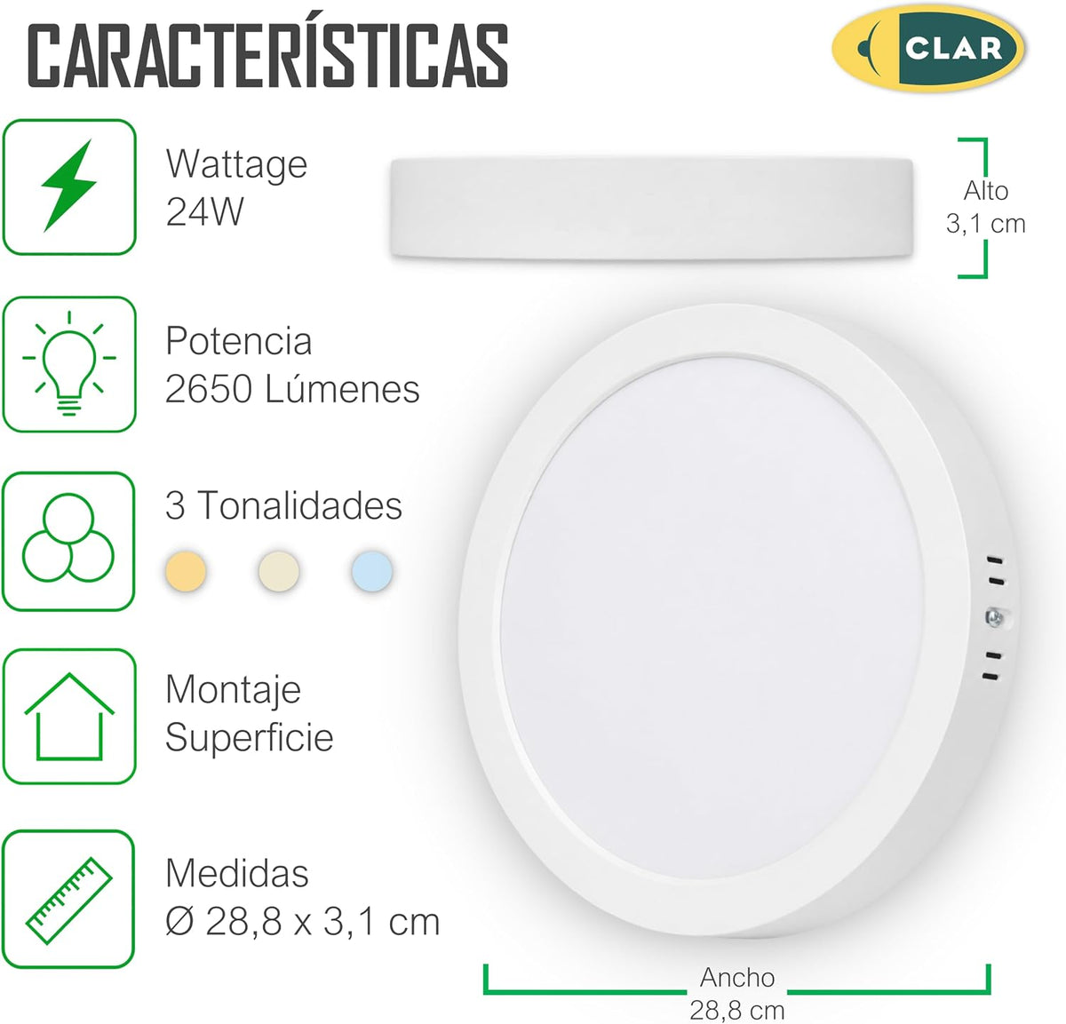 Downlight LED Decke Aufbau 24W, Downlight Aufbau, Deckenleuchte LED, 3 Farbtöne CCT
