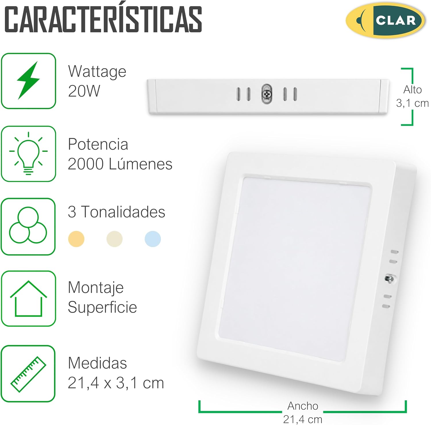Downlight LED Superficie 20W Cuadrado, Plafón Cuadrado, 3 Tonalidades CCT