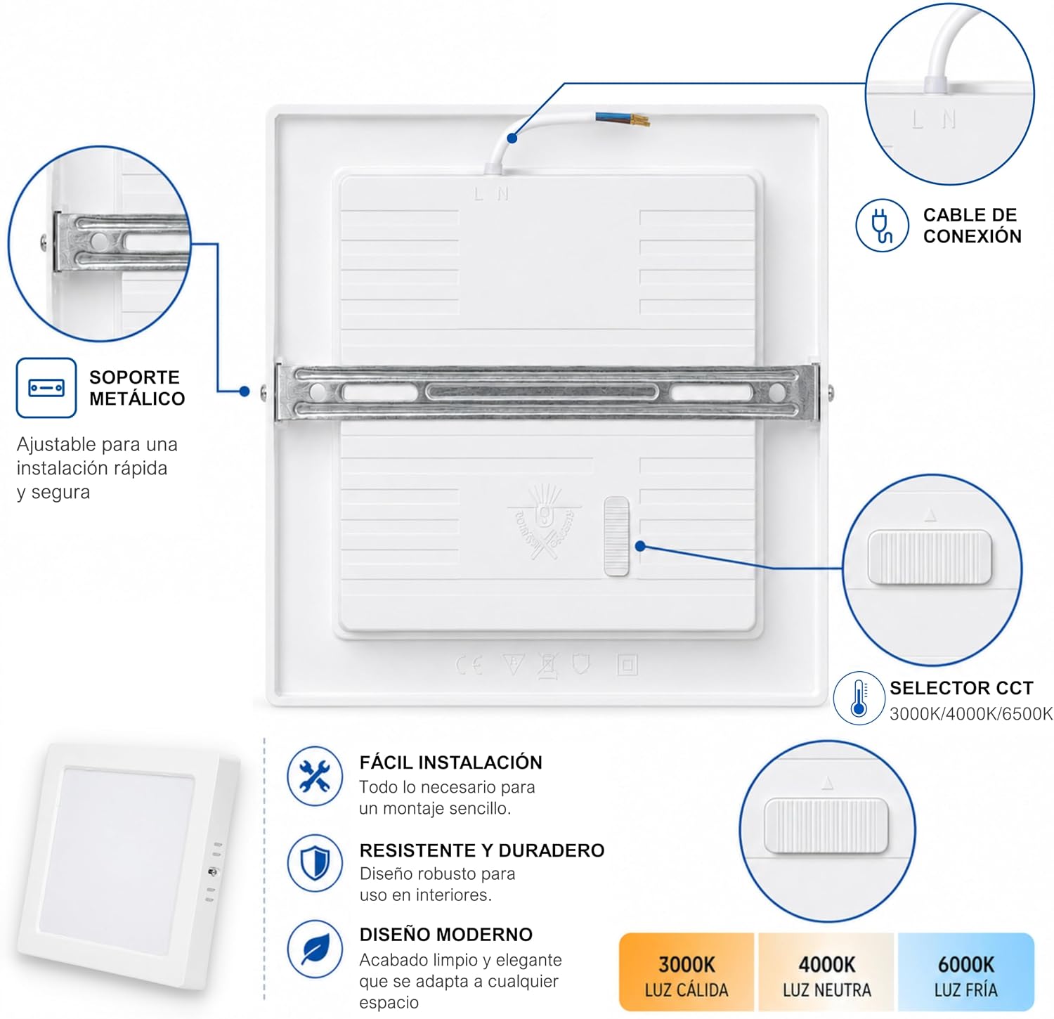 Downlight LED Superficie 20W Cuadrado, Plafón Cuadrado, 3 Tonalidades CCT