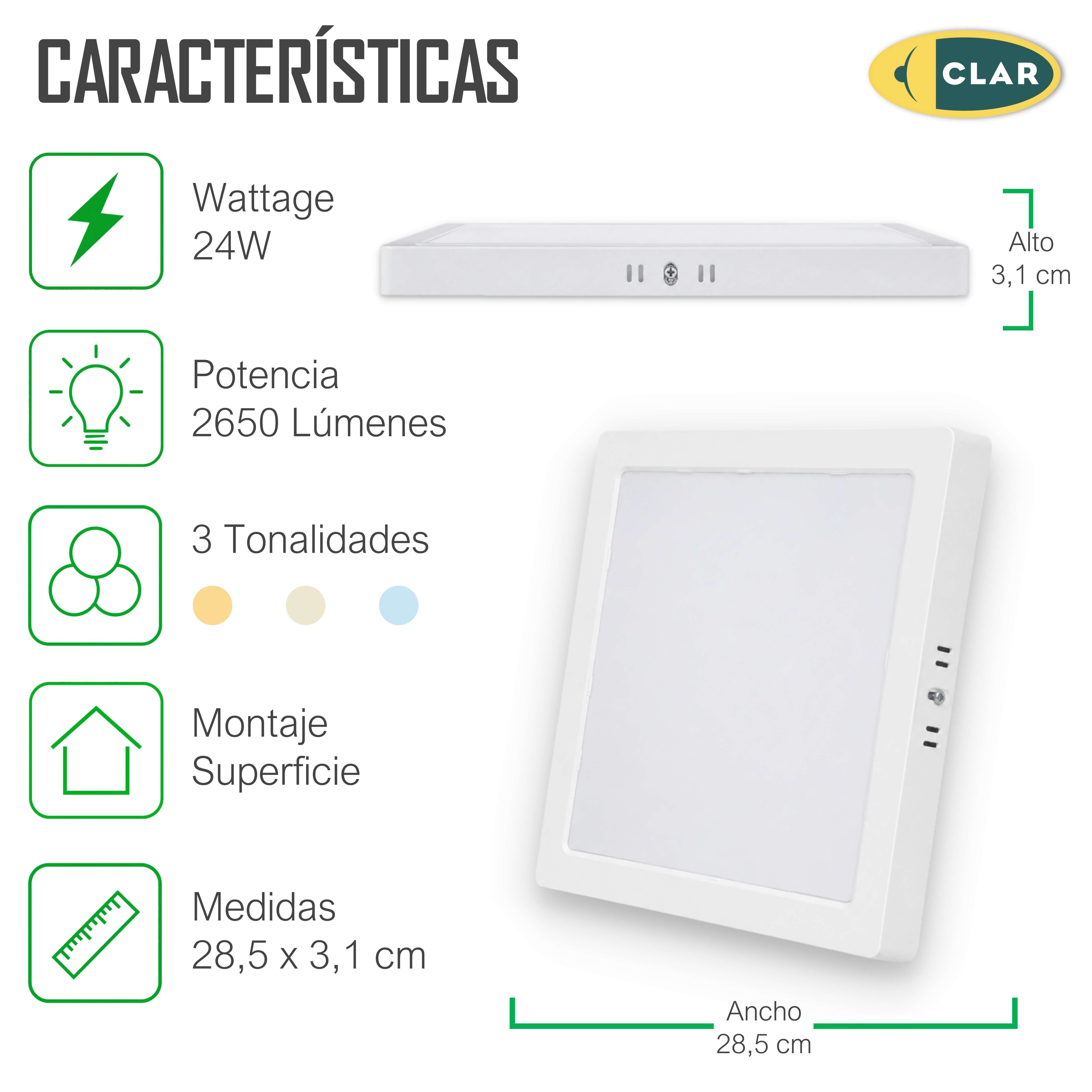 Downlight LED Superficie 24W Cuadrado, Plafones para Techo, 3 Tonalidades CCT
