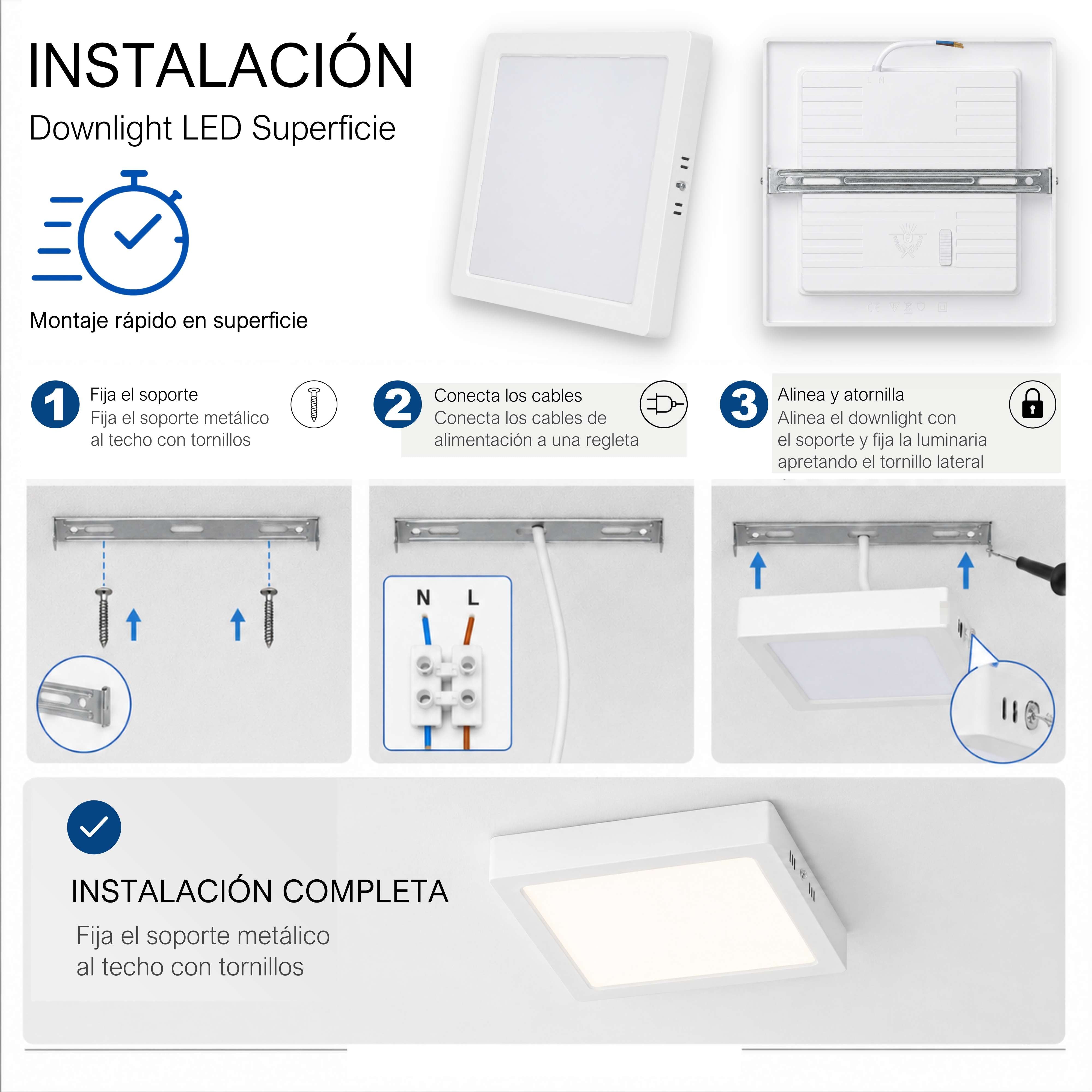 Downlight LED Superficie 24W Cuadrado, Plafones para Techo, 3 Tonalidades CCT