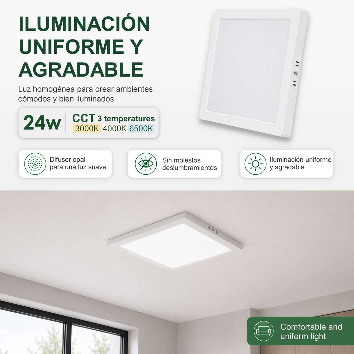 Downlight LED Superficie 24W Cuadrado, Plafones para Techo, 3 Tonalidades CCT