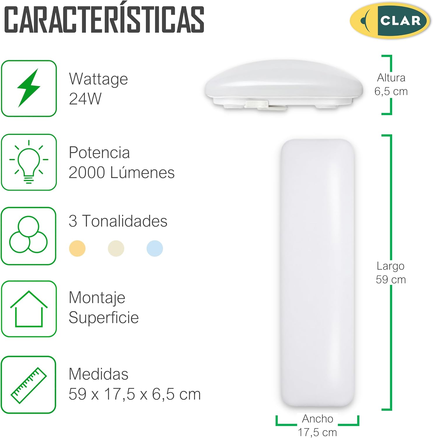 Plafoniera LED Soffitto, Plafoniera LED Soffitto Rettangolare 24W, 3 Tonalità Seleccionables CCT