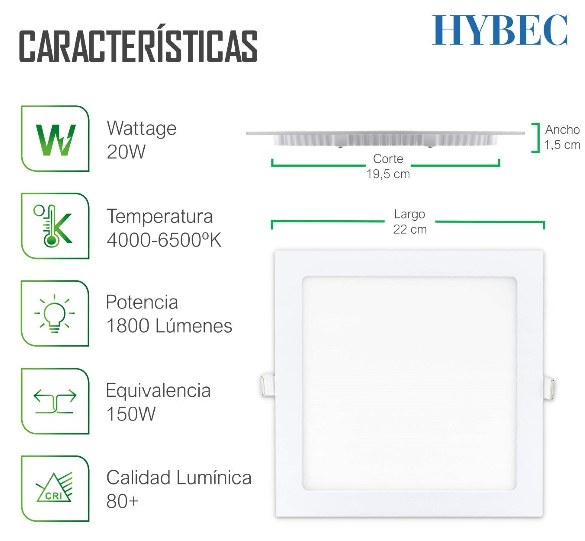 Downlight LED Empotrable 20W Cuadrado 1600lm