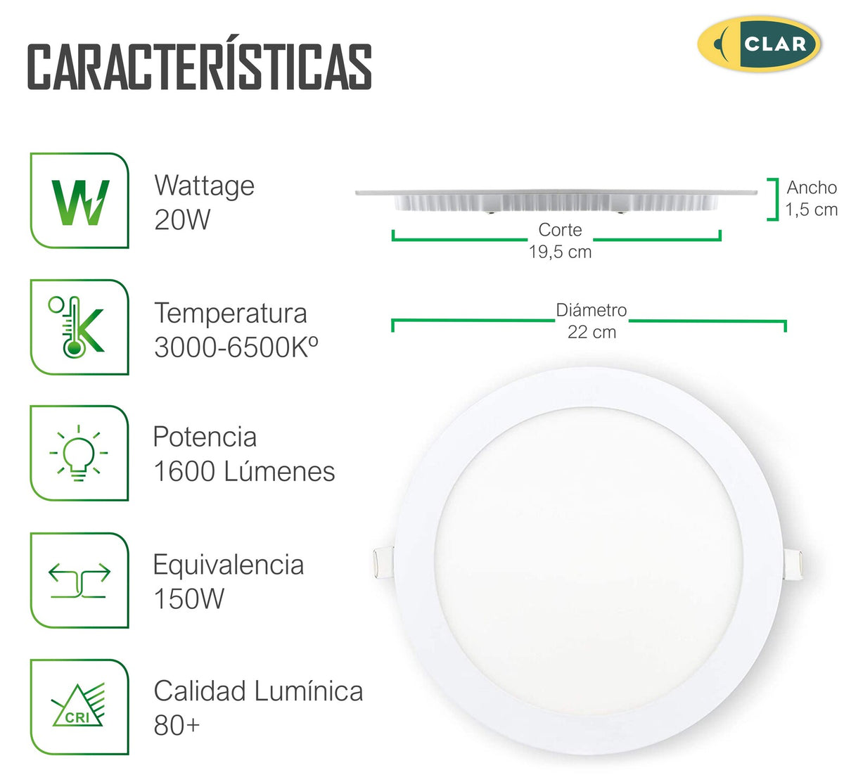 Downlight LED Empotrable 20W Redondo.