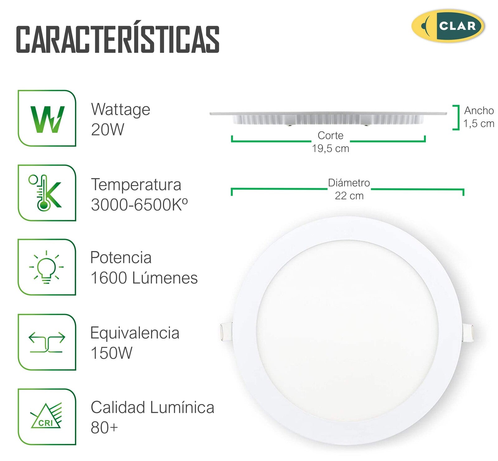 Downlight LED Empotrable 20W Redondo.