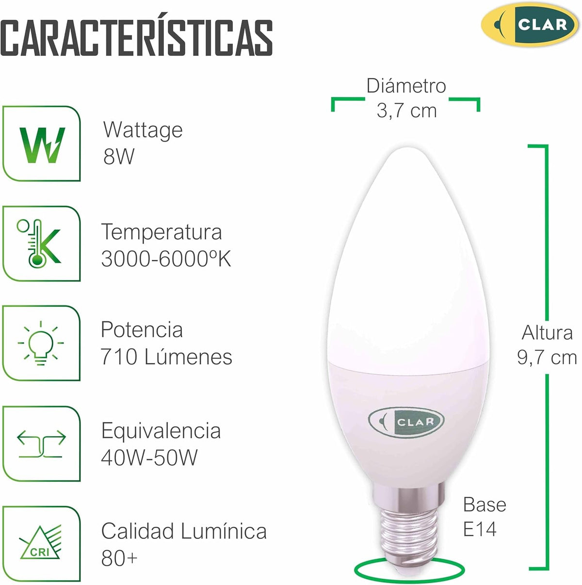 Bombilla LED E14, 8W  (Pack 10)