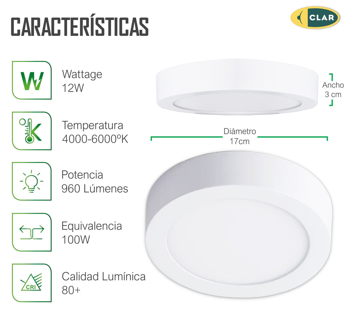 Downlight Superficie 12W Redondo, Plafon LED techo.