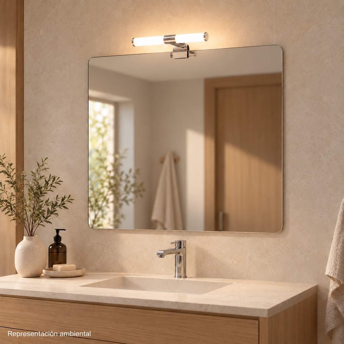 Aplique LED LedsCome 20006 sobre espejo de baño con luz cálida, representación ambiental